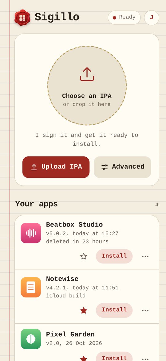 Sigillo home: upload an IPA